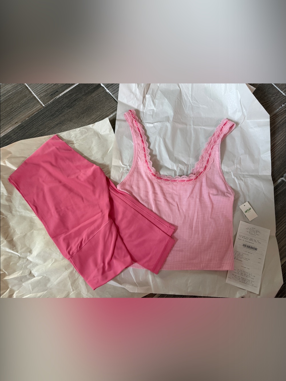 Aerie Pink Ribbed Lace-Trim Tank with Pink Leggings NEW NWT